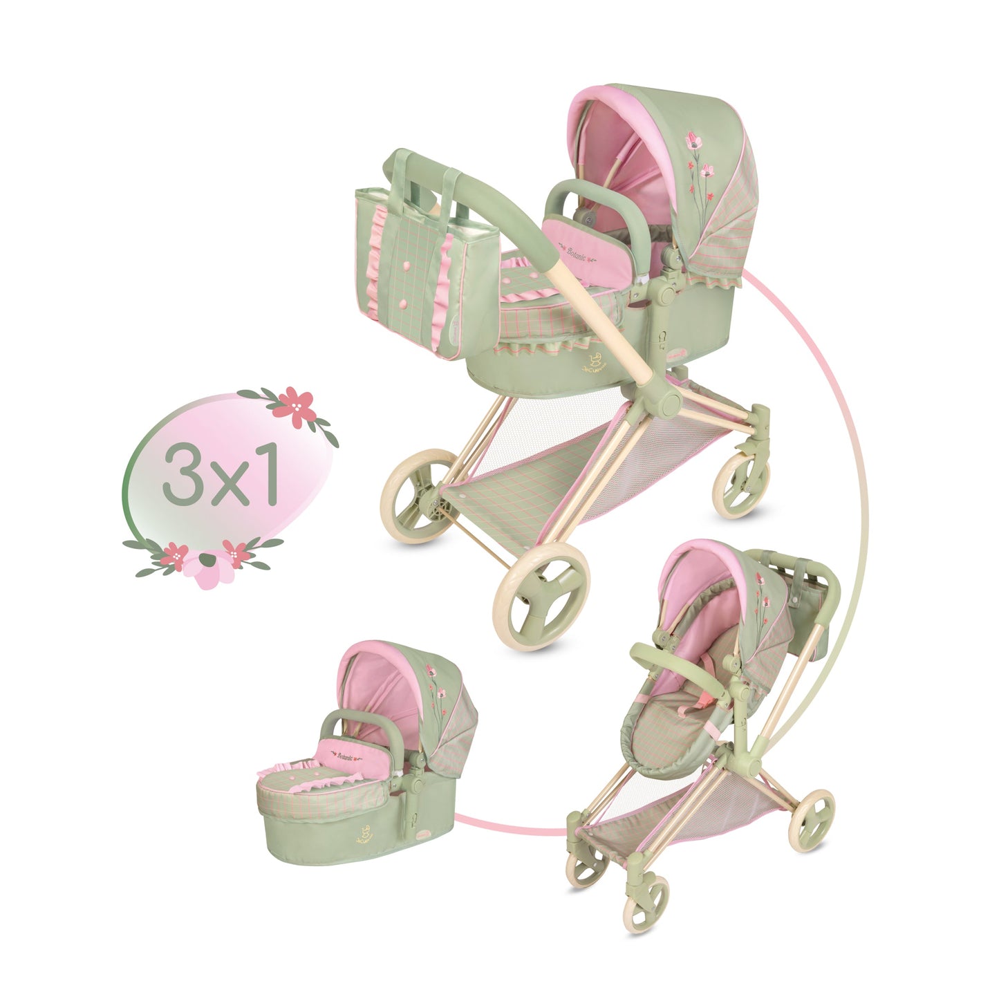 81768 3x1 Doll Pram, Stroller & Cot - Botanic Collection