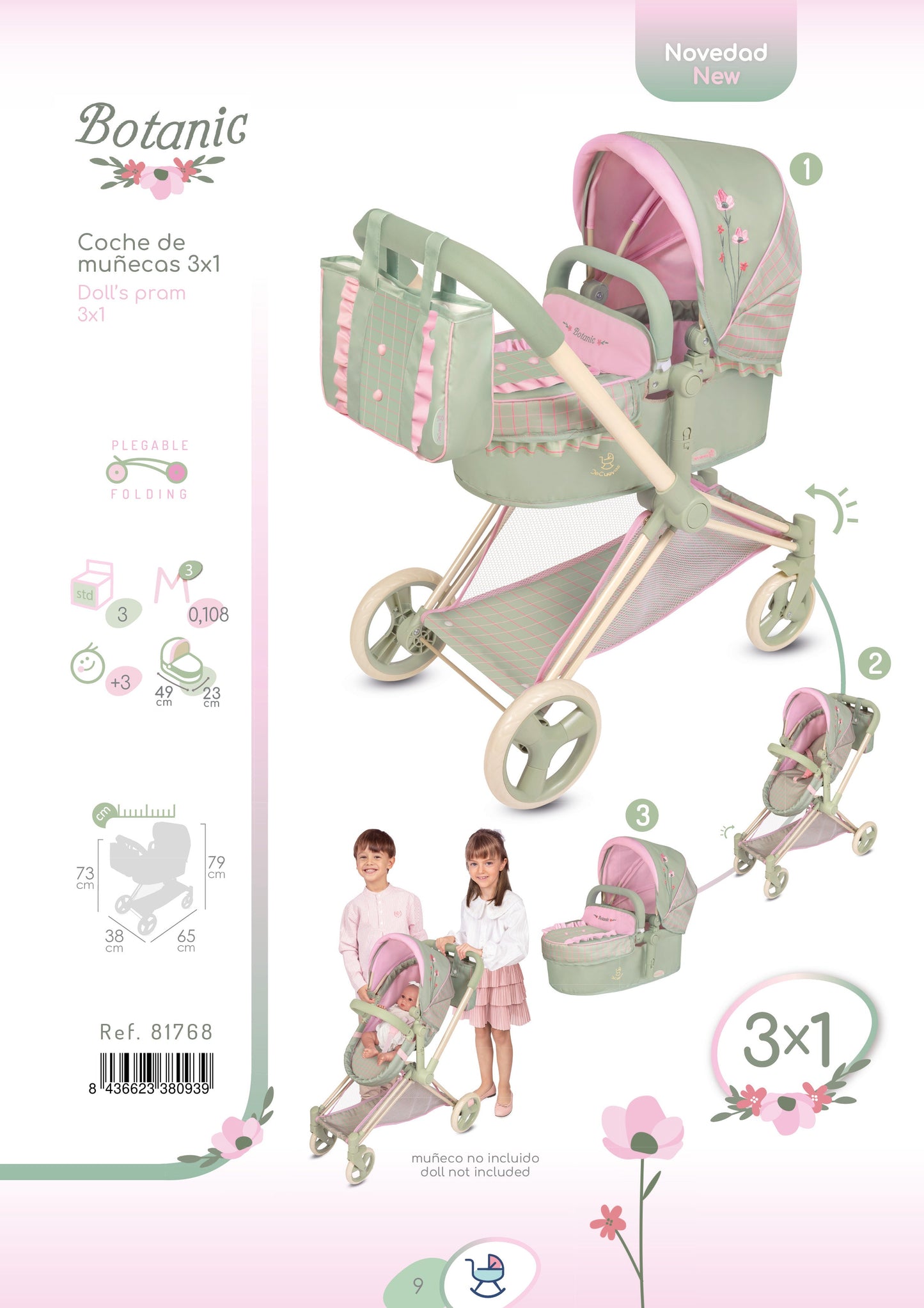 81768 3x1 Doll Pram, Stroller & Cot - Botanic Collection