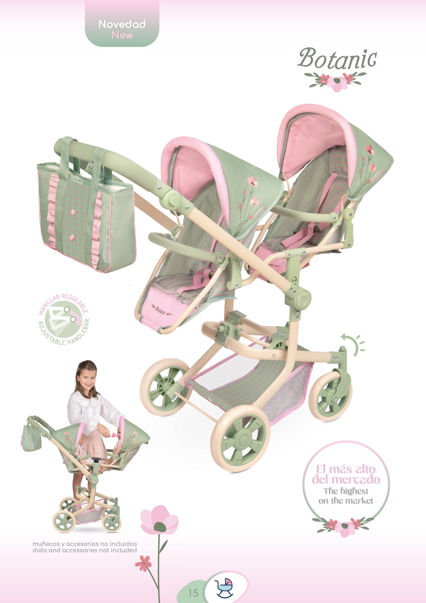 90868 Multi-Position Twin Doll Pram 91cm - Botanic Collection (age 5 and over)